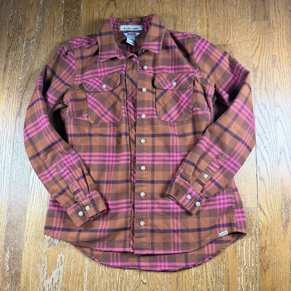 Duluth Trading Co. Flannel Shirt Womens Small Brown Plaid Folklore Hiking